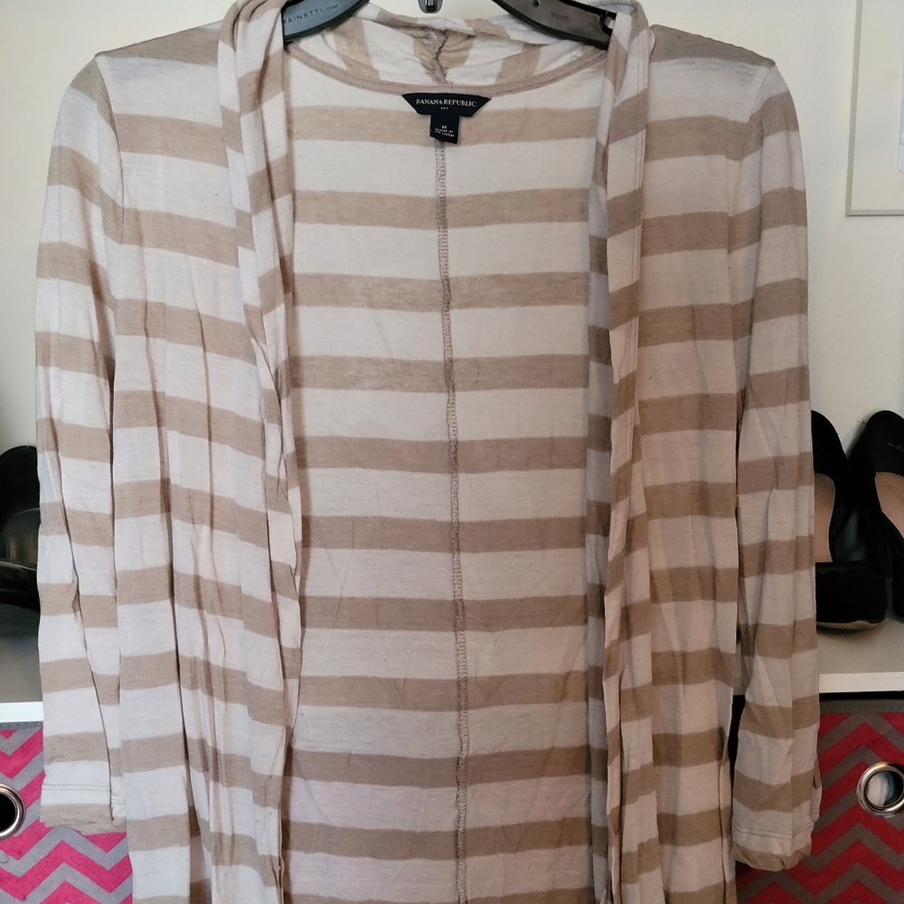 Beige and White Striped Flowing Cardigan
